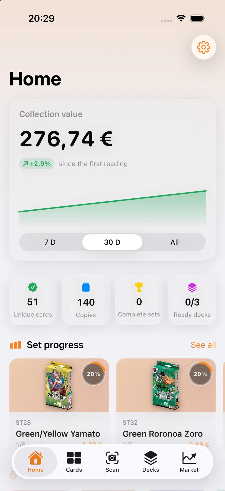 Accueil Log Pose TCG : valeur de la collection, cartes uniques, progression des sets